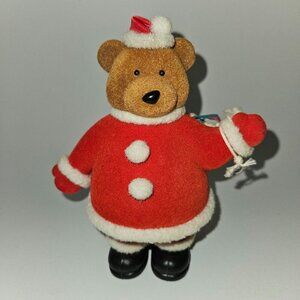 VTG Flocked Brown Teddy Bear Ornament 6.5" Red Santa Claus Suit Honey Trademark